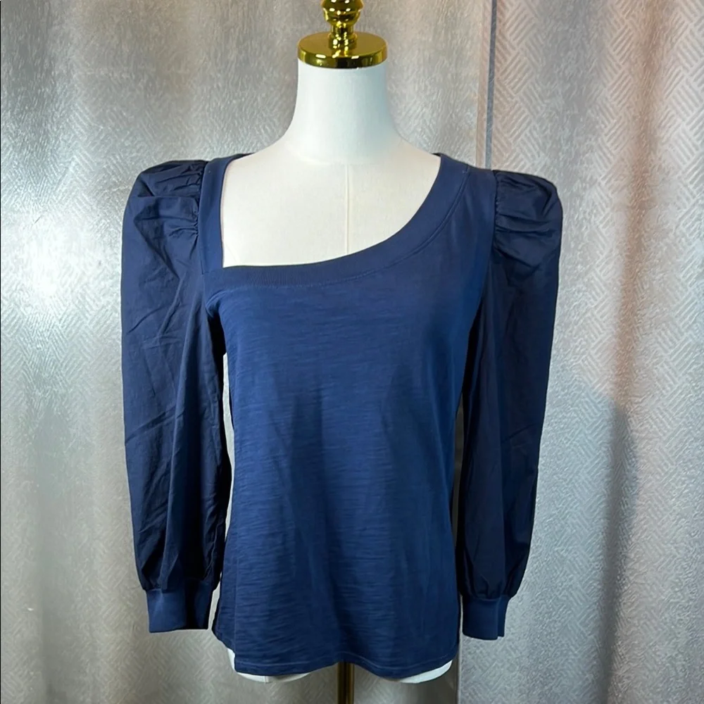 Nation LTD 100%cotton Blue Asymmetrical Ruched Puff Sleeve Blouse.      order115 - Picture 9 of 14